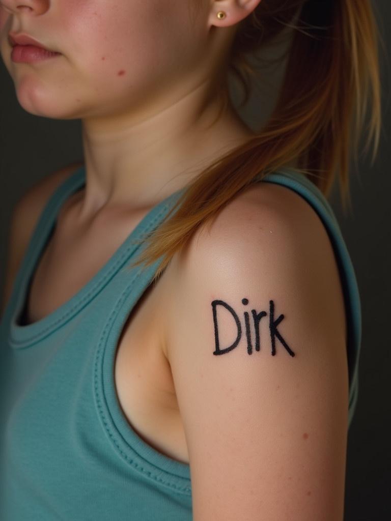 Image of a girl's arm displaying the name Dirk as a tattoo. The arm is angled to show the tattoo clearly. The tattoo is bold and prominently placed. The skin tone is natural and appears smooth. The girl wears a light blue tank top.