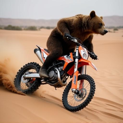 Bear riding a KTM EXC motorcycle on sand dunes. Action shot with motion effects. Bear looks confident while riding.