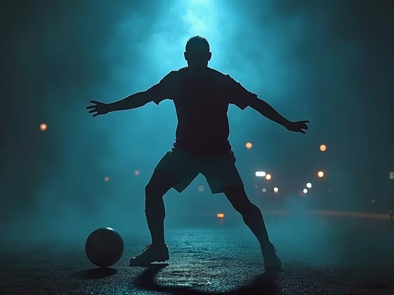Silhouette of a person in an action pose with a soccer ball. Surrounded by fog and dramatic lighting. Wide shot of the scene. Cinematic atmosphere.