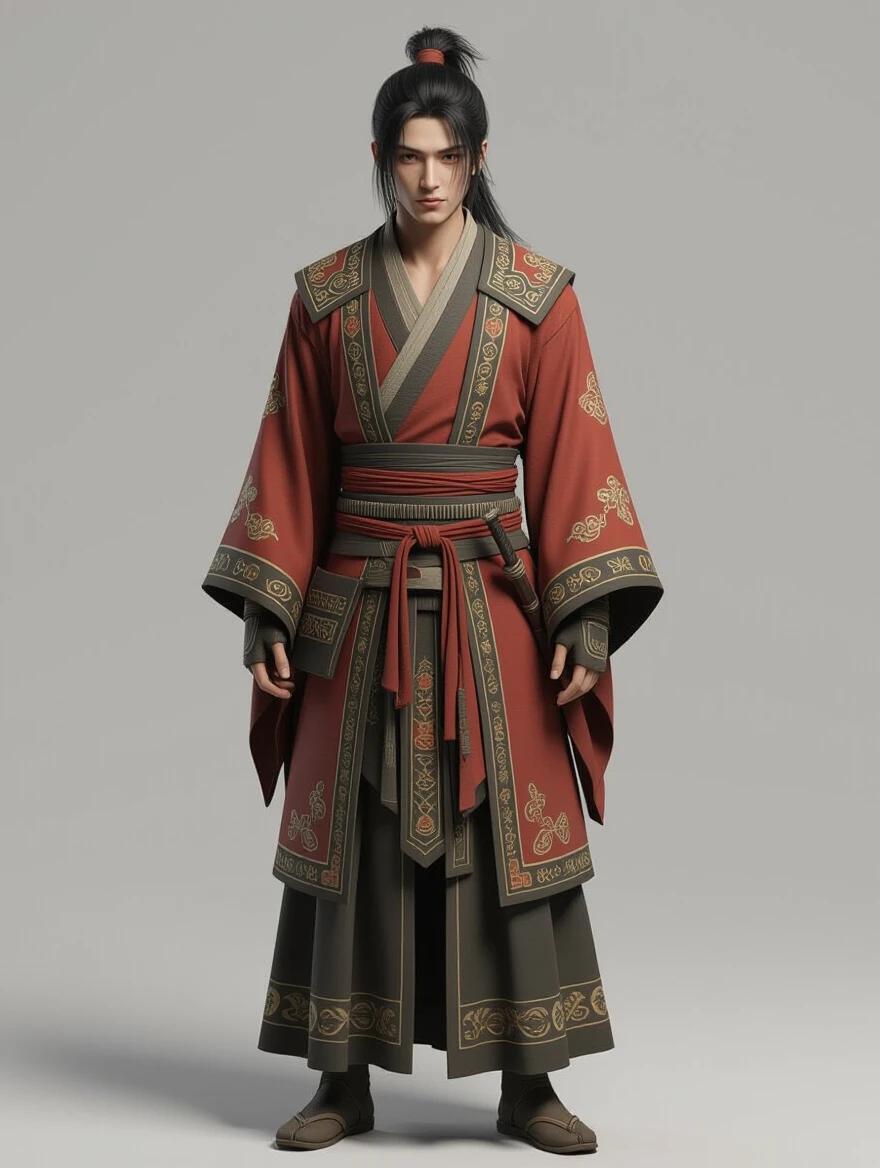 3D realistic representation of a male figure wearing traditional Chinese attire. The character stands in a full body portrait style, facing forward. Long hair tied back, dressed in colorful, intricate robes typical of ancient China. Features express strength and elegance with detailed costume patterns.