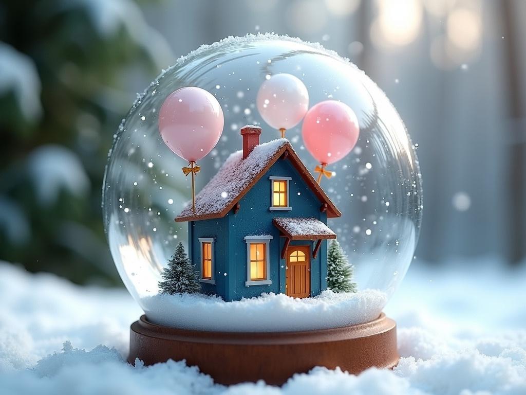 A beautiful house situated inside a snow globe. The house is charming with a dark blue exterior and a traditional roof. It is adorned with festive white and pink balloons, creating a joyful atmosphere. The background features a serene winter landscape with snowflakes gently falling around the globe. The scene captures the essence of a cozy celebration during winter. A hint of greenery is visible outside, offering a contrast to the snowy setting.