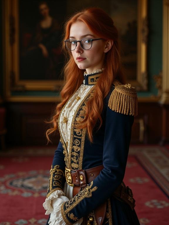Young woman in elaborate Napoleonic Wars British uniform. Dark room with fine carpets and surrounding portraits. Long strawberry hair and green eyes. Wearing glasses. Full body visible from head to boots. Detailed uniform with sheath.