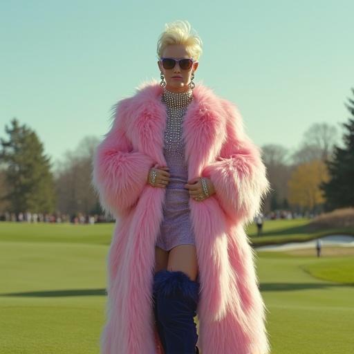 Pam St Clement style 1990s with a glamorous pink and white fox fur coat. Showcases a long spike necklace, diamond encrusted dress, and blue fur knee high boots. Figure smokes a long cigarette on a golf fairway during sunny day.