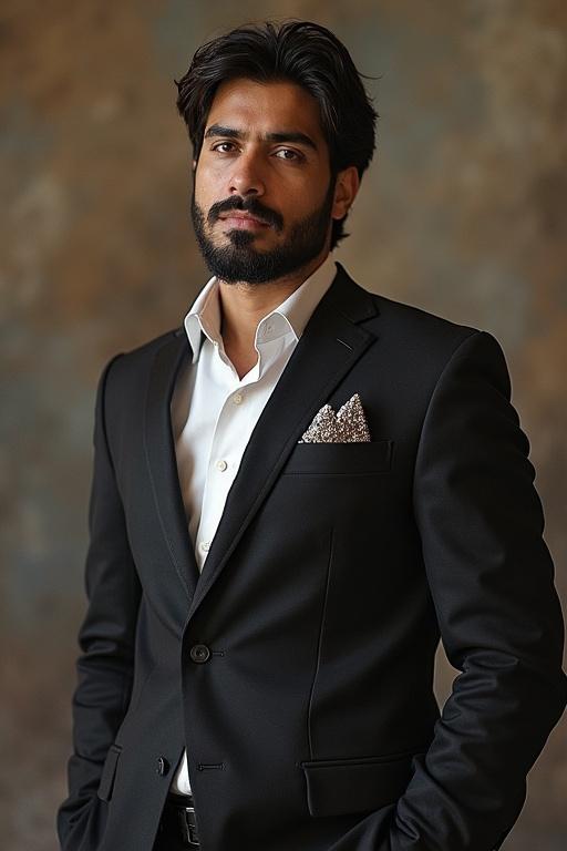 Portrait of a man in a black suit with a white shirt. He has a beard and styled hair. Gentle expression. Elegant pose with one hand in pocket and the other relaxed. Background has a soft gradient.