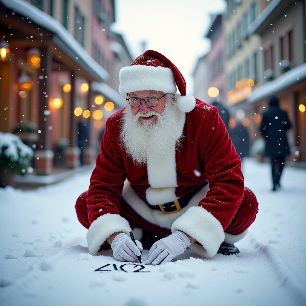 Santa Claus writes names in the snow. He wears red and white attire with a black belt. The scene features a snowy street with charming buildings. Soft winter light creates a warm glow. The atmosphere reflects a cheerful festive mood for the holiday season.