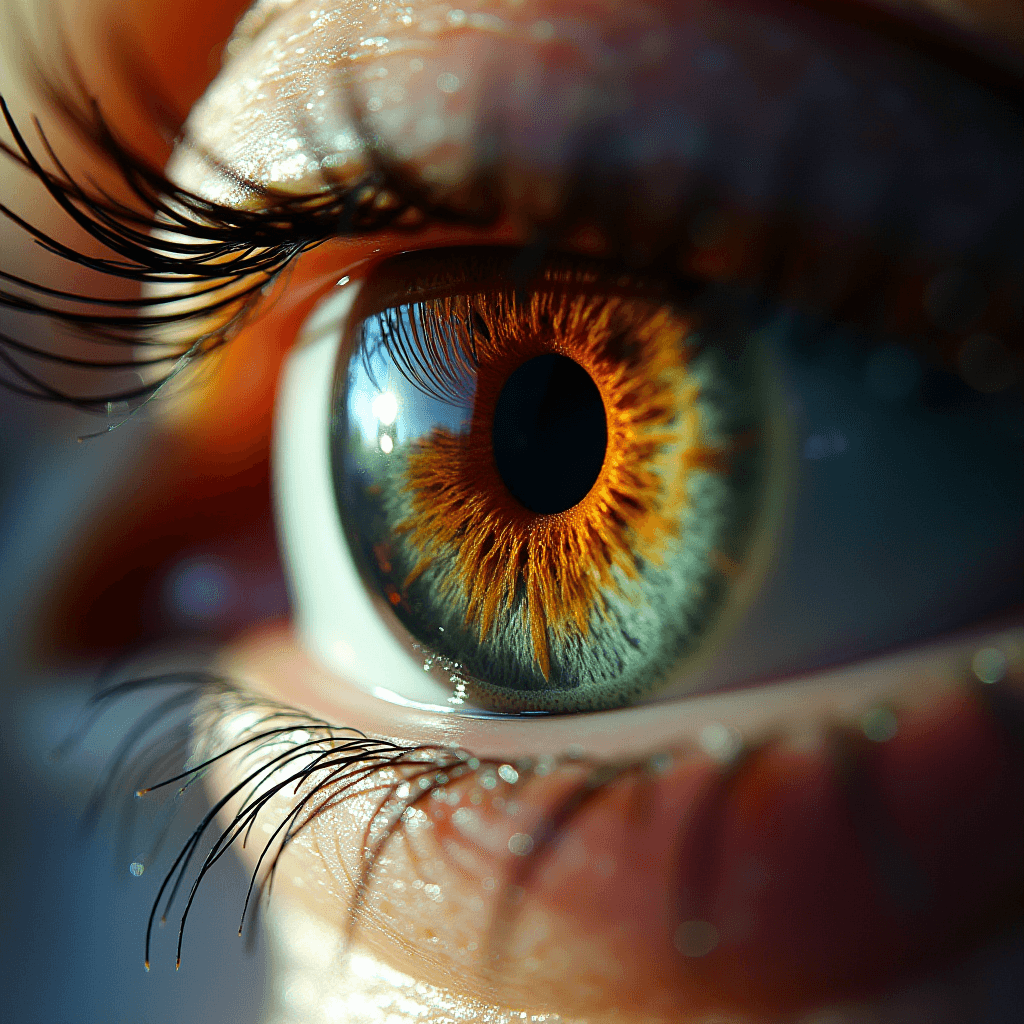 A close-up of a human eye with a vibrant, fiery iris and detailed reflection.