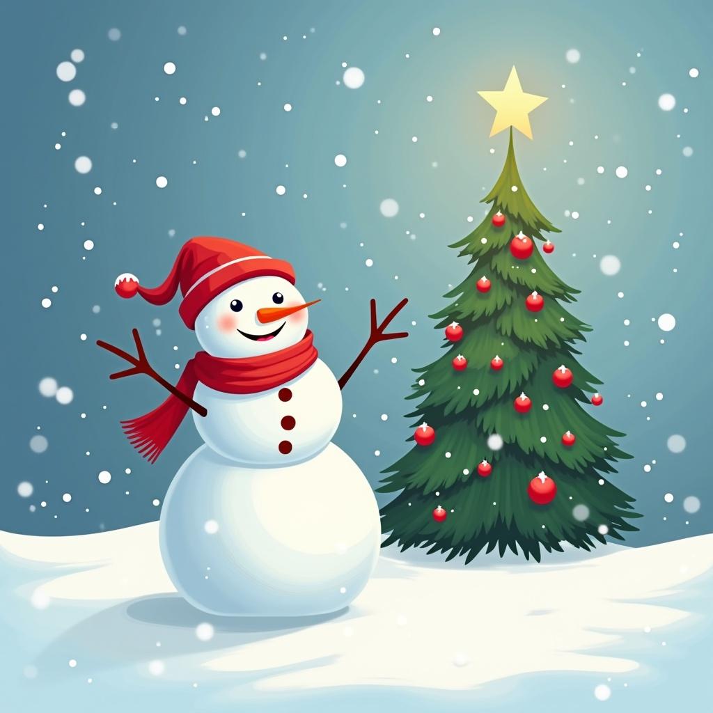 Image of a snowman in a red scarf and hat near a decorated Christmas tree. Snow gently falling in a winter landscape. Background has a blue gradient for a serene vibe. Captures joy of the holiday season.