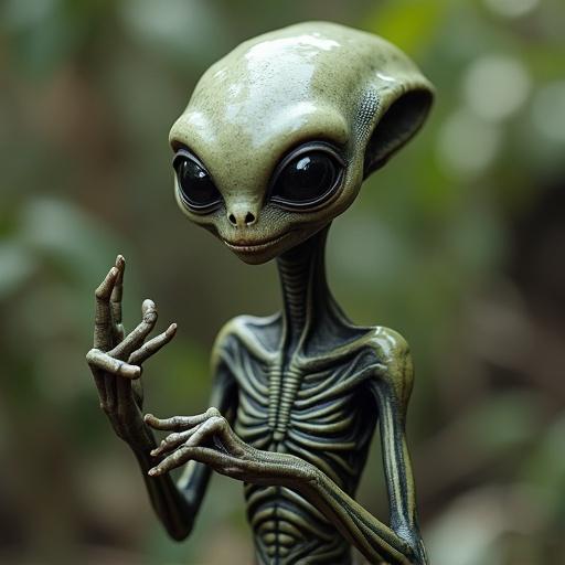 A scary alien figure with a large head and big eyes standing in a forest. The alien holds its arms up in a gesture of communication or surprise. Details emphasize a skeletal frame and greenish skin.