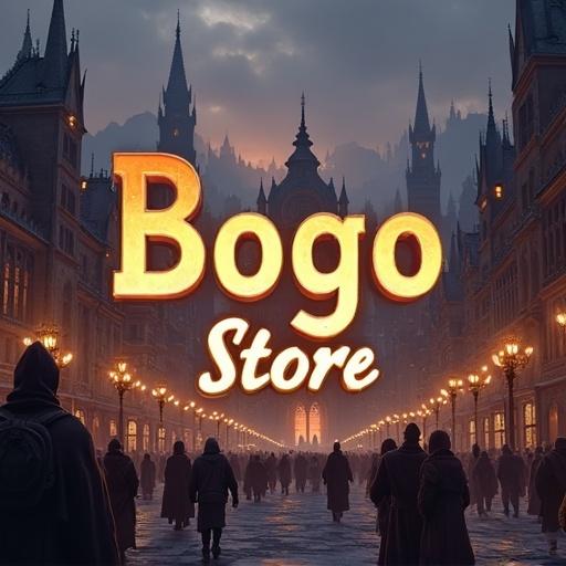 Fantasy MMO game background with a grand city. City resembles Ironforge in design. Atmospheric cityscape free of people. Text overlay features logo Bogo Store centrally placed. Subtexts say Raids M+ Gold.