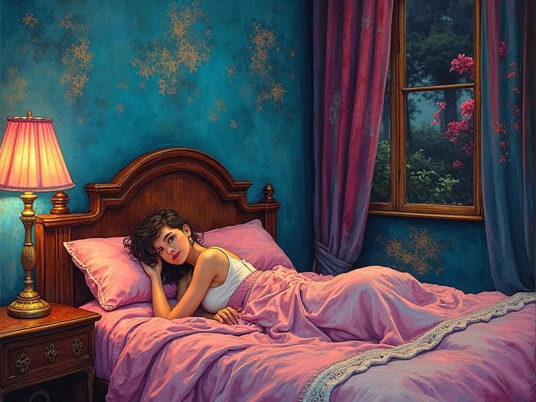 A woman lies peacefully in bed surrounded by vibrant colors. The room is decorated with deep blue walls and rich textiles. A cozy atmosphere is created by warm lighting from a bedside lamp illuminating her restful pose. The window reveals a hint of nature outside, enhancing the sense of tranquility.