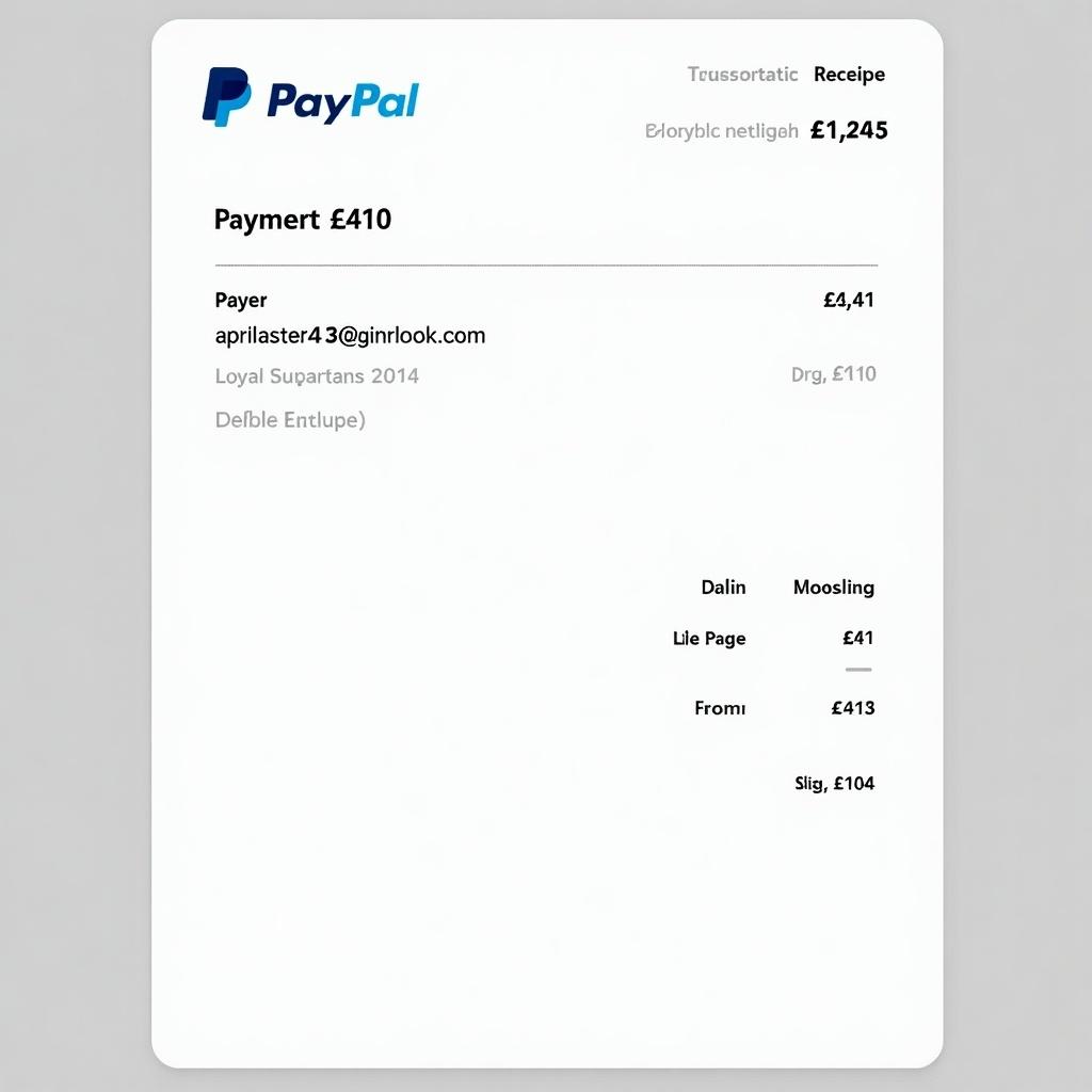 PayPal payment receipt with a transaction for £41. Includes PayPal logo and payer details. Clean design suitable for online payments.