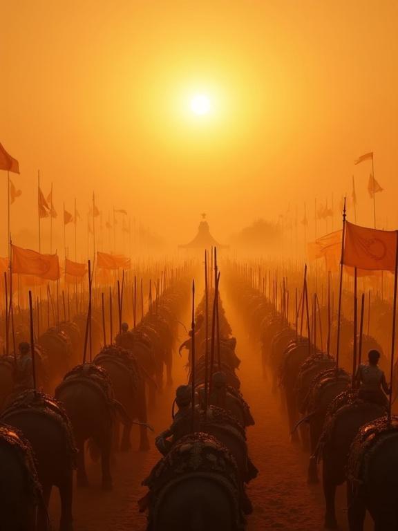 Ultra-wide view of Kurukshetra battlefield at sunrise. Orange sky, rows of armored soldiers, elephants in war armor. Dust rises from chariot wheels. Wind flutters red and white battle flags. Golden sunlight creates glow on weapons. Tense and electric atmosphere. Silhouettes of warriors in far background preparing bows.