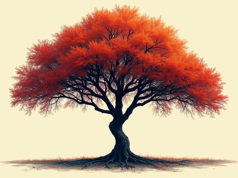 Modern screen printed art depicting a tree with a wide spreading shape and realistic features.