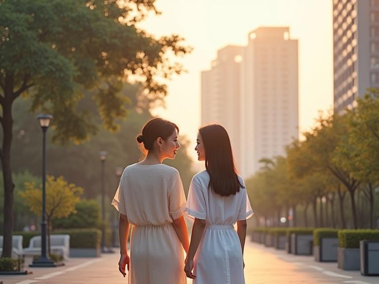 A banner design size 4:3 featuring two young Chinese women in light fashionable clothing. They are interacting naturally at sunset in an urban setting near a high-end hotel. The scene is full of warmth and captures a vacation vibe with no text or decorative elements.