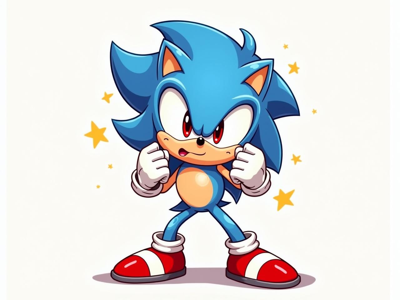 Create a vibrant illustration of a white hedgehog character inspired by classic cartoon styles. The character should have sharp, spiky hair that stands out in a bright blue color with red accents. Emphasize a determined expression on the character's face, showcasing intense red eyes. Position the character in a dynamic pose, with clenched fists, ready to take action. The character should wear classic red shoes with white detailing. Include a simple, bright background to highlight the character's energetic vibe.