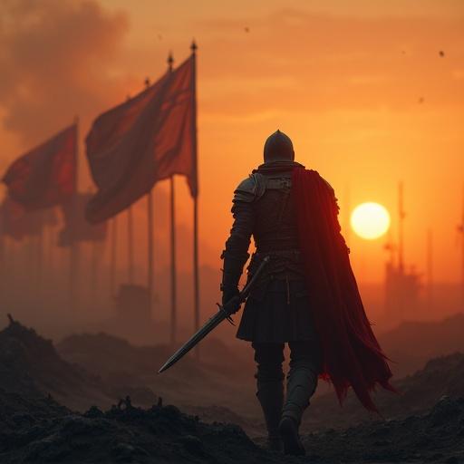 A hyper-realistic 4K image of a wounded but determined warrior on a battlefield at dawn. The warrior kneels with hands gripping a sword embedded in the ground, symbolizing resilience. Dry blood on broken armor, intense blue eyes fixed on the horizon. A golden sunrise illuminates the devastated landscape with smoke and tattered flags, a path of light leading forward. Cinematic style reminiscent of 'The Lord of the Rings', dramatic lighting, detailed textures, and depth of field. Cool tones in the foreground, warm tones in the background. A subtle symbol of hope like a bird flying toward the light or a flower sprouting from cracks. No fantastical elements to maintain raw yet inspiring realism.