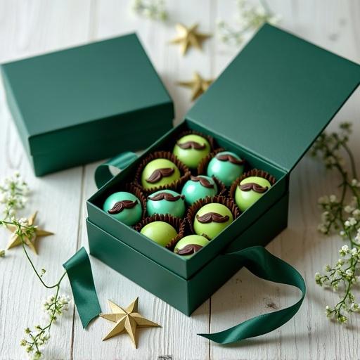 Sharp 4K image showcases a unique Father's Day gift. Open dark green gift box displays 12 artisan chocolate spheres. Spheres alternate between bright cyan and vivid apple green, each with a dark chocolate mustache. Box rests on a textured white wooden surface, with matching ribboned lid beside. Scattered around are white star-shaped flowers and green foliage, all brightly lit to highlight details.