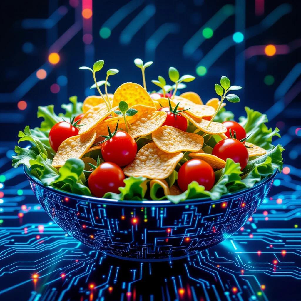 Vibrant salad bowl filled with shiny microchips as crisp lettuce intricate wires as delicate sprouts colorful glowing LEDs as juicy cherry tomatoes Scene depicted in a futuristic tech-art style emphasizing unique textures blend of technology and nature