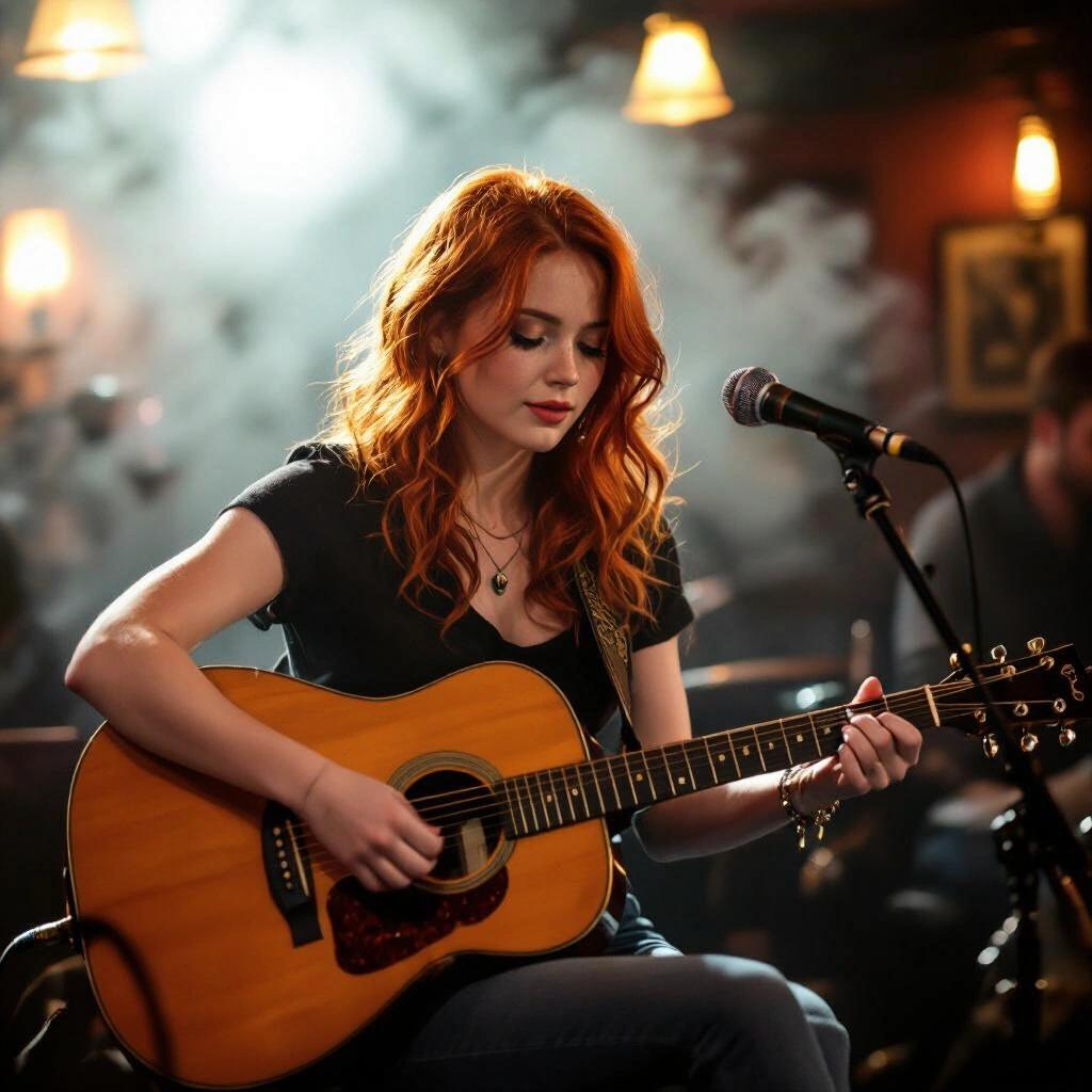 Red-haired Irish girl playing acoustic guitar on a dark smoky Irish pub stage. Photo taken from a distance, capturing the atmosphere of the venue.