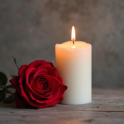 A single burning white candle is positioned behind a red rose. The scene has a modern wallpaper background. The candle emits a soft glow that enhances the elegant simplicity of the rose.
