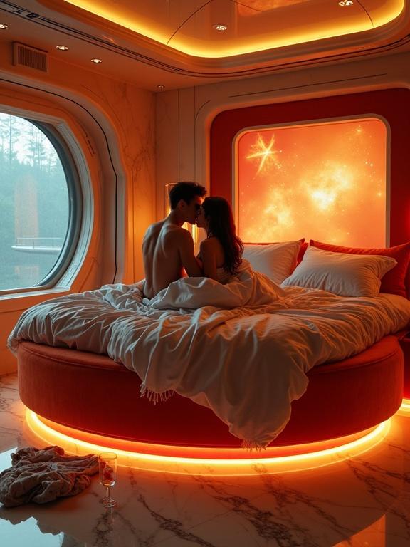 private stateroom on a starcruiser with lovers under silver sheet on round velvet bed, holographic interface activated mid-kiss, large window showing nebula, marble floor with glowing veins, rich warm tones