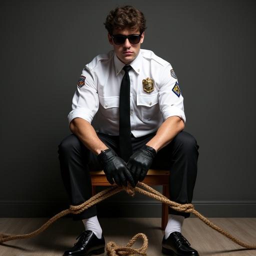 male policeman in white shirt and black pants sitting on a chair hands and feet tied with rope wearing sunglasses and black gloves