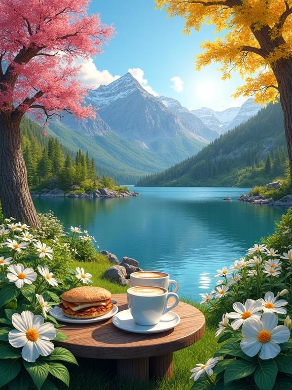 Picturesque landscape with serene lake surrounded by lush greenery and vibrant trees. Small wooden table has two white coffee mugs and sandwiches. Numerous white star-like flowers grow in dense patches. Rugged mountains in background with snow-capped peaks and clear blue sky.