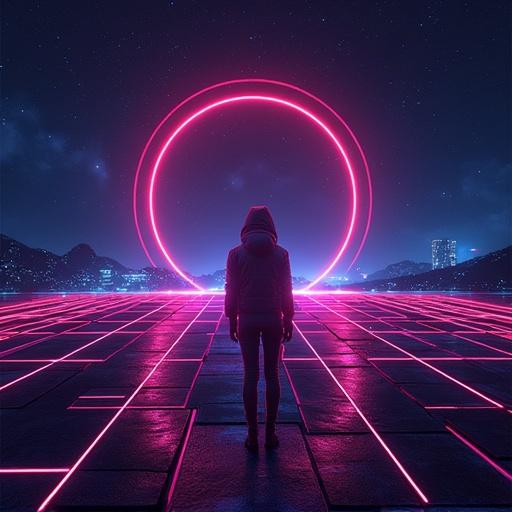 Neon themed album cover portraying a figure against a vibrant neon landscape. Circular neon design creates a striking visual effect with a futuristic vibe.
