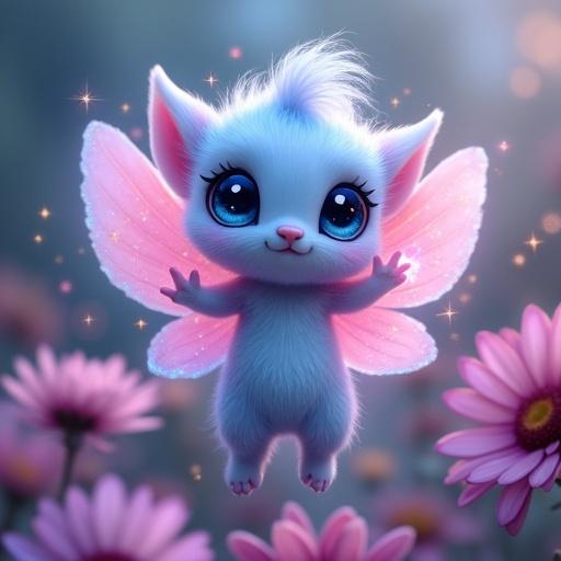 Image features a whimsical flower sprite creature with light blue fur and petal-like wings floating in a flower-filled garden. The creature has large expressive eyes and emits a magical glow, creating an enchanting atmosphere.