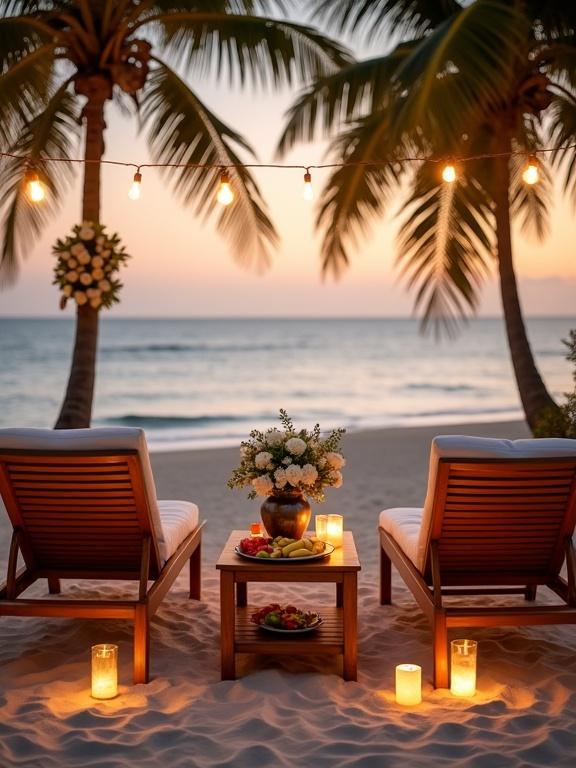 Image of a beautifully set beachside area during sunset. Loungers made of wood with cream cushions sit on sandy beach. A wooden table is in the center with fruit platter and floral arrangement. Soft ambient lights glow around. Palm trees are silhouetted against the orange and blue sky.