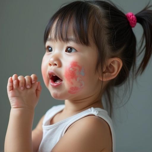 A child with playful expression. Slightly painted face showing artistic colors. The child appears curious and happy. This scene represents childhood and the joy of exercise.