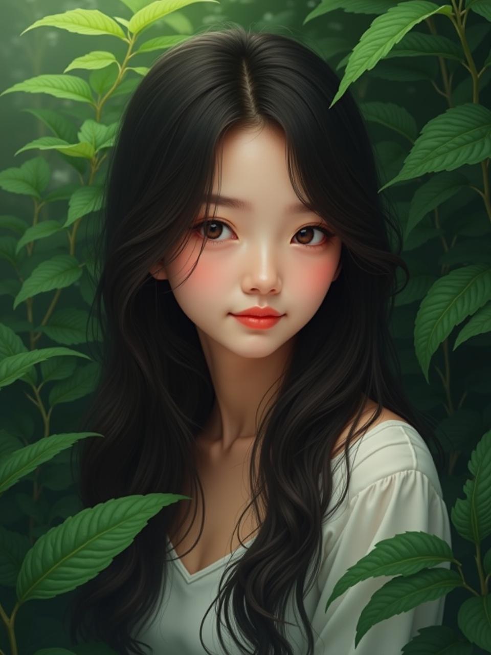 A digital art piece of a young woman with long black hair, surrounded by lush green foliage, displaying a serene expression and wearing a simple white blouse.