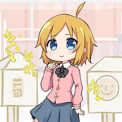 Anime style illustration of a cute girl in a school uniform. The girl has short blonde hair and is smiling. She stands beside boxes with playful drawings on them.