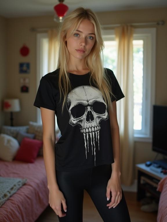 Eighteen-year-old blonde teenager with blue eyes. Wearing a black shirt with a skull graphic. Black leggings and red sneakers. Standing in her room which has a cozy setup.