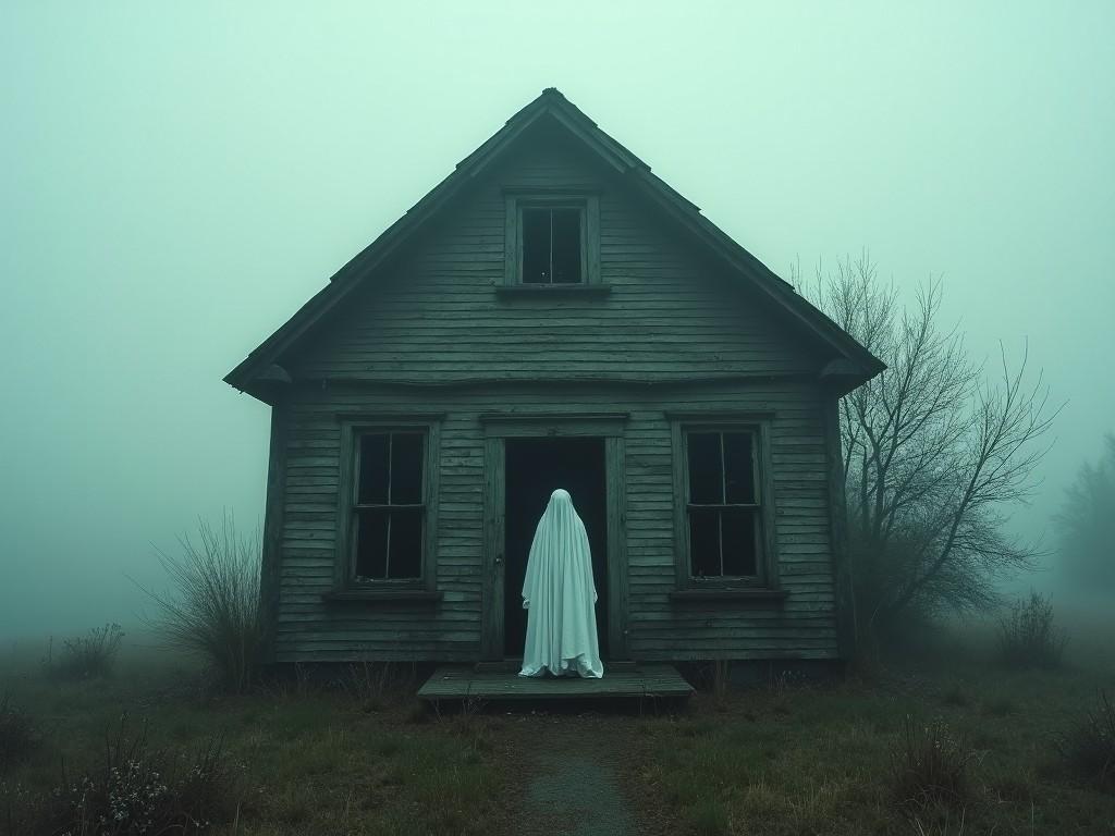 This eerie image captures a dilapidated wooden house set in a misty, overgrown landscape, exuding an ominous aura. A figure draped in a white sheet stands eerily in the doorway, invoking classic ghostly imagery. The house appears abandoned, with broken windows and a wild garden. Fog envelops the scene, enhancing the chilling atmosphere. Overall, the composition blends themes of abandonment and the supernatural, inviting the viewer to immerse in its haunting narrative.