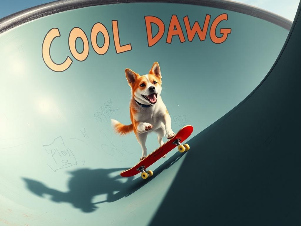 A Shiba Inu dog skateboarding in a skate park with 'Cool Dawg' written on the ramp.