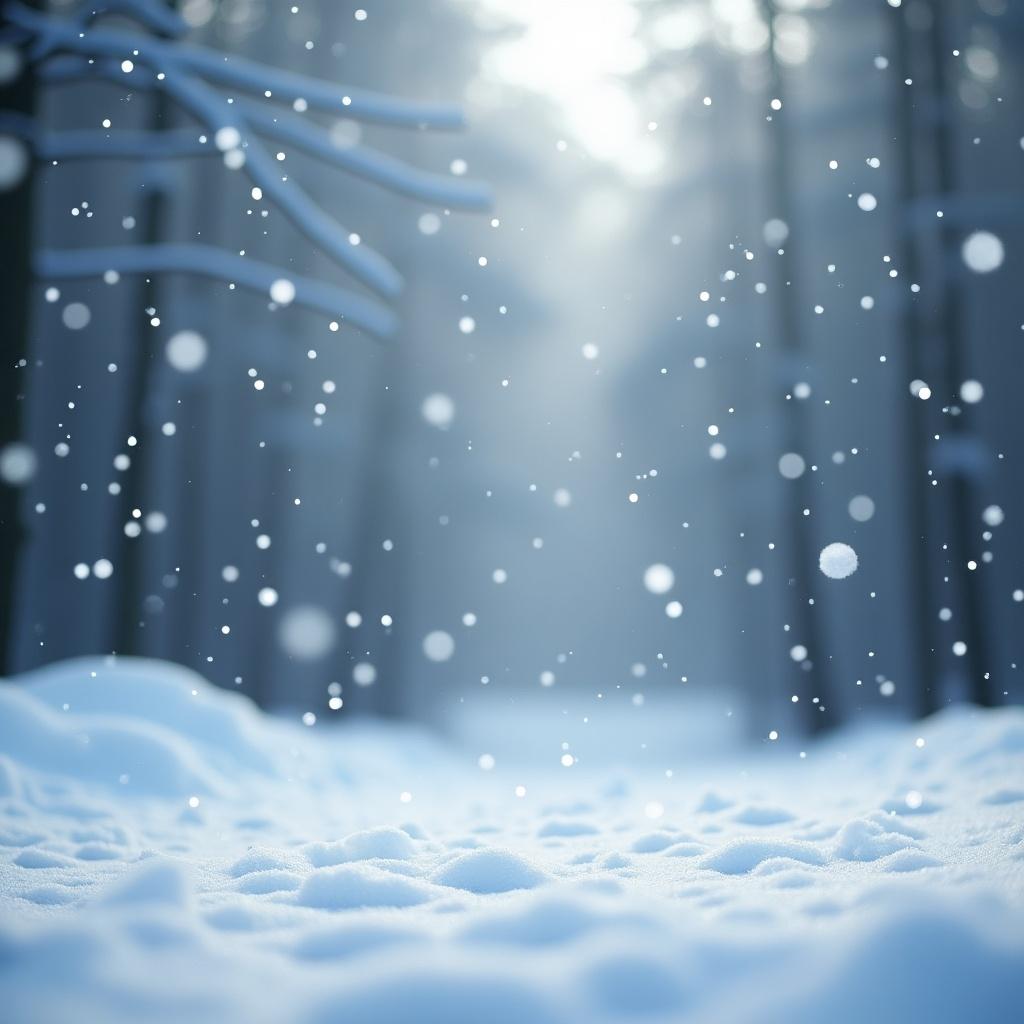 A serene winter scene with softly falling snow. Emphasis on snowflakes in the foreground and a blurred snowy landscape in the background. Soft focus and dreamy atmosphere.