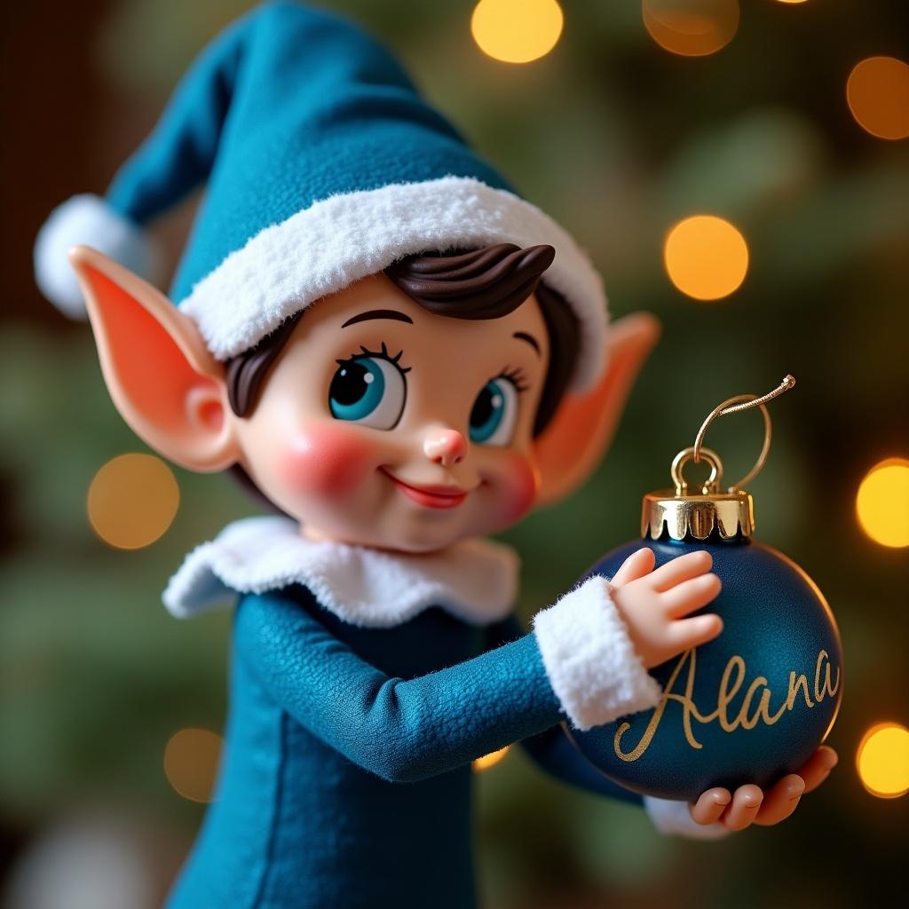 The image features a charming Christmas elf dressed in a vibrant blue outfit, holding a decorative bauble. The bauble prominently displays the name 'Alana' in elegant script. Soft, warm lights create a cozy, festive atmosphere in the background, enhancing the holiday feel. The elf has a delightful expression, appealing to children and adults alike. The scene captures the essence of Christmas joy and personalization in holiday gifting.