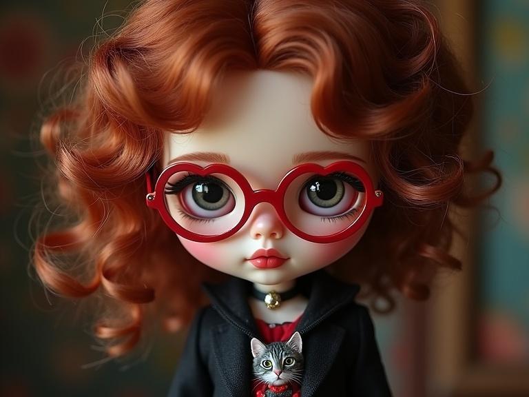 Glam Goth Blythe doll with pale skin and red lips. Doll has reddish brown curly hair and red heart-shaped glasses. She wears a pendant necklace featuring a gray and black tabby cat. The outfit reflects a vintage glam goth style.