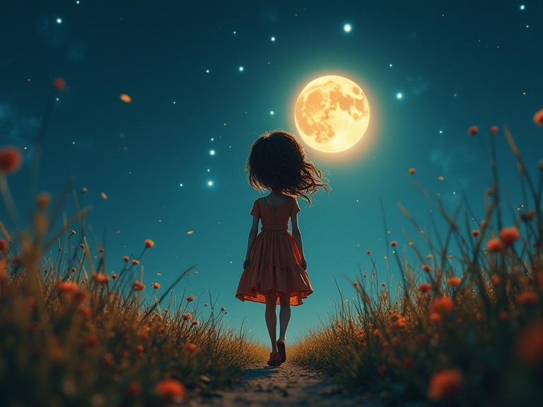 A girl walks on a path in a field of flowers under a large full moon. The night sky is filled with stars. The girl has expressive eyes and a playful expression. The scene has a bohemian feel. A soft focus effect enhances the dreamlike quality. Light from the moon creates a glow on the surroundings. Textured stars add to the atmosphere. This is a high-resolution digital art piece.