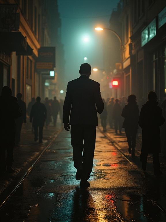 A silhouette of a man walking down a foggy street at night. Street lights cast a warm glow on a rain-soaked pavement. Crowds of people move in the background. The atmosphere is mysterious and moody.