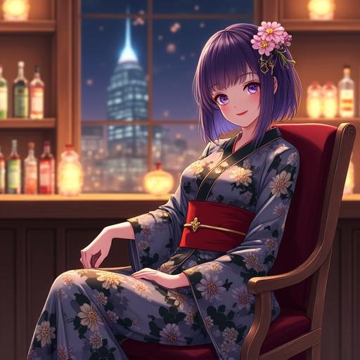 Anime-style woman sitting on a wooden chair. She has dark violet hair with a flower ornament. Wearing a black and white kimono with gold patterns and red obi. Relaxed pose with crossed legs. Confident gentle expression. Violet eyes and red lipstick. Cozy upscale bar interior with liquor bottles and warm lighting. Dreamy light effects included.