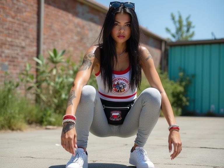 Young woman crouching outdoors on pavement. She has long black hair, tattoos on her arms, and wears gray leggings and a white top. Sunglasses on head, fanny pack with colorful patch at her side. Weathered brick wall and turquoise structure in background. Clear blue sky above.