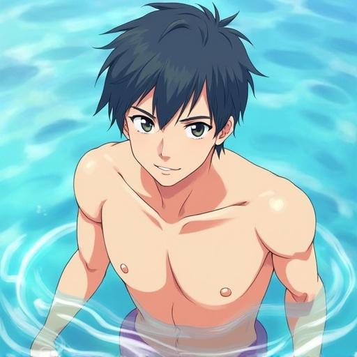 Character from Free! Iwatobi Swimming Club. Young male swimmer with short black hair. Swimming in bright blue water. Faithful to anime style. No shirt visible. Portraying a confident expression.