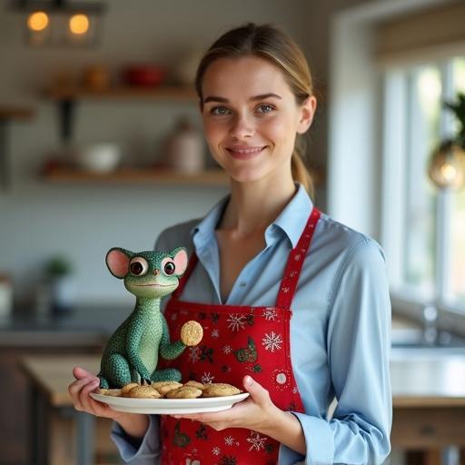 Photo of a slim young woman with dark blonde hair in a low bun. She wears a light blue silk blouse and a red festive garment. Woman stands in a bright kitchen holding cookies. A cheerful chameleon character sits on her hand. Soft lighting enhances the holiday spirit.