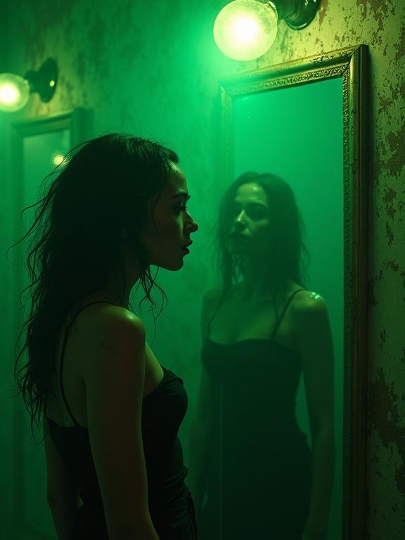 A hyper-realistic scene shows a young woman with tangled black hair and pale skin in a mirror-filled room. Toxic green light fills the space, creating dramatic shadows. Her reflections show varied emotions: one laughs maniacally while another weeps. The atmosphere suggests a dystopian city outside with fog and neon signs, blending elements of cyberpunk and surreal horror. High resolution with distinct textures and shadows. 