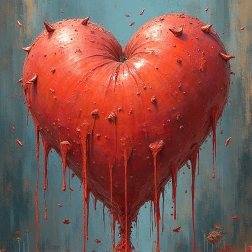 A large red heart with a glossy finish, dripping paint on a textured blue background. Heart has a slightly abstract style with spikes.