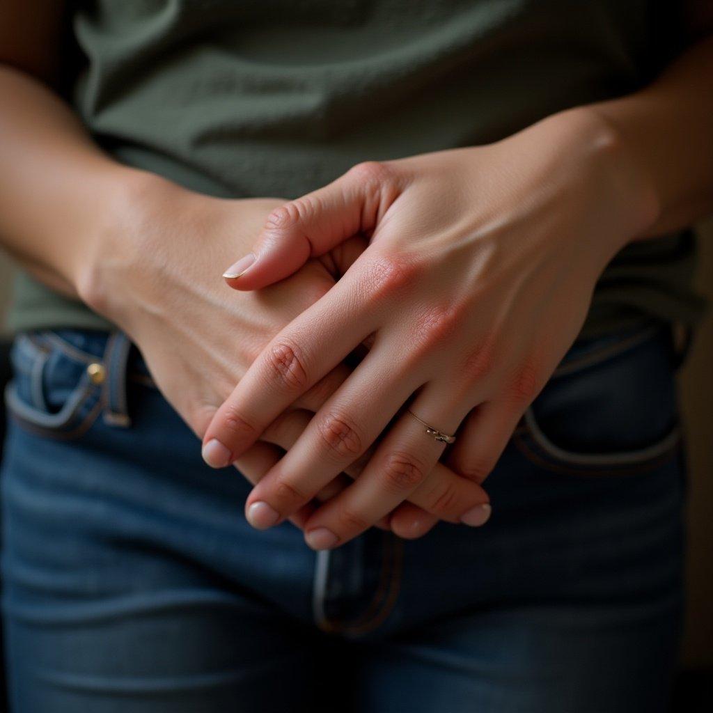 A close-up of two hands intertwined in a lap. Detailed focus on skin tones and a ring on one hand. Denim jeans visible.