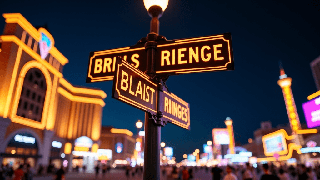 Brightly lit street signs glow in a bustling city at night.