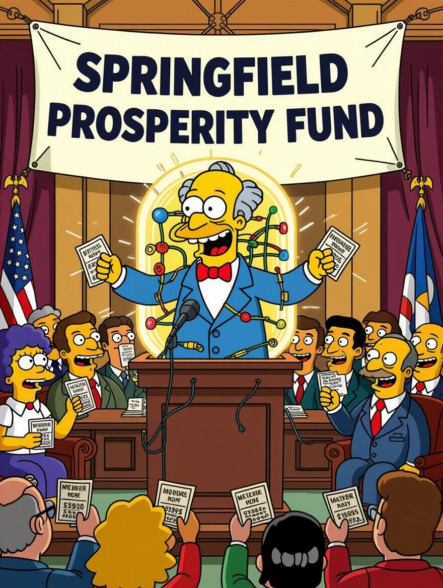 Inside town hall Mr. Burns at podium charismatic unveiling glowing machine labeled Invisible Money Generator. Huge banner Springfield Prosperity Fund. Crowd cheers Moe Apu Mayor Quimby holding fake investment papers. Simpsons cartoon style.